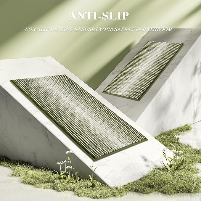 Bathroom Rugs and Mats Sets, 2 Piece Thick Absorbent Chenille Bath Mat Rug Set Non Slip, Soft Shaggy Bath Room Floor Mats for Bathroom, Machine Washable (Sage, 24" x 70" Plus 20" x 32")