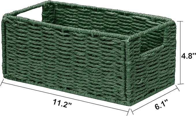 Wicker Storage Basket, Set of 2 Hand-Woven Paper Rope Wicker Basket, Small Storage Baskets for Organizing Toilet Paper, Foldable Small Cube Organizer Bins for Shelves and Bathroom (Green)
