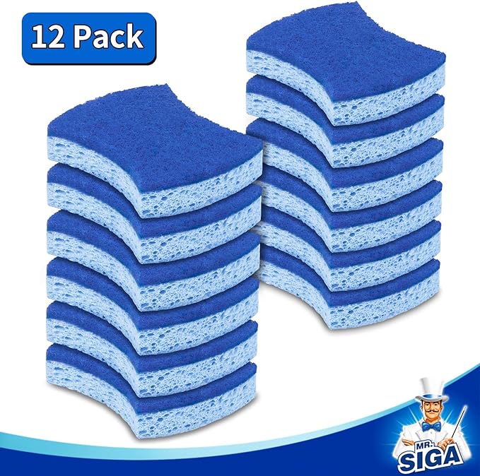 MR.SIGA Non-Scratch Cellulose Scrub Sponge, Dual-Sided Dish Sponge, 12 Pack | Dishwashing sponge for non stick cookware, scratch free dish sponges, kitchen sponges, cellulose sponges, sponges for dishes