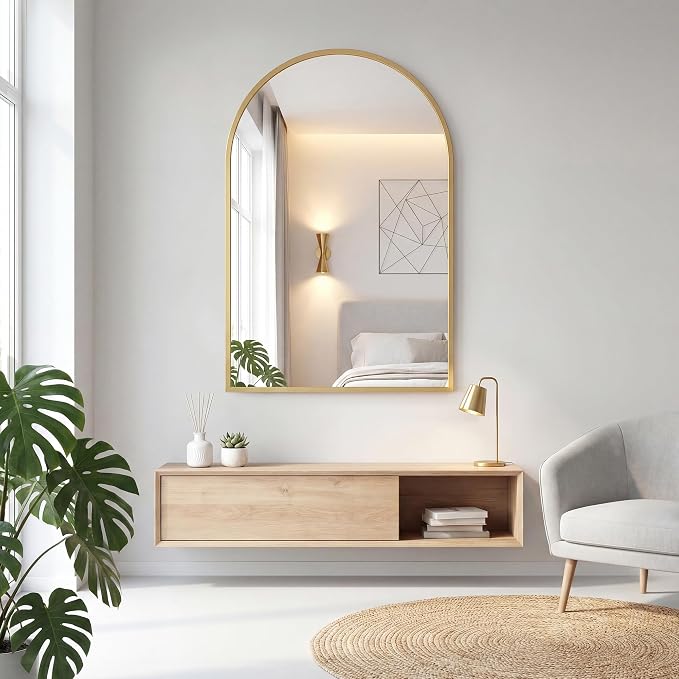 NEWBULIG 22"x30" Arched Wall Mirror, Bathroom Mirrors for Over Sink, Gold | Matte Metal Framed Vanity Mirror with Tempered Glass, Entryway, Living Room, Bedroom