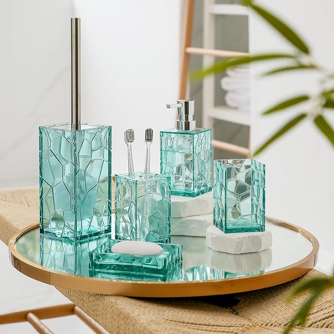 Clear Acrylic Bathroom Accessories Set - Rust-Free, Transparent Design - Includes Soap Dispenser, Toothbrush Holder, Cup, Soap Dish, and Toilet Brush 5-Piece (Teal Blue) | Includes Soap Dispenser Toothbrush Holder Cup Soap Dish and Toilet Brush