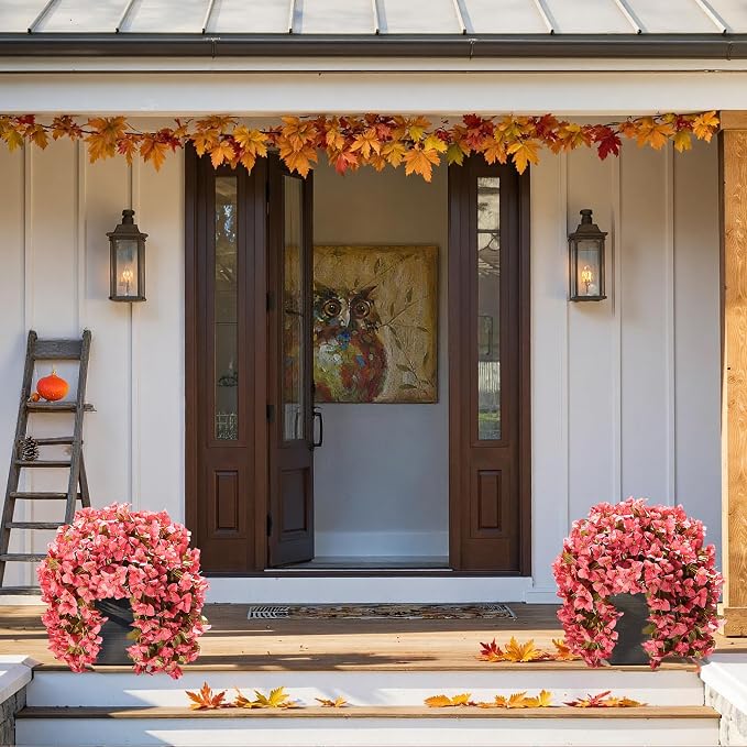 Bougainvillea Artificial Flowers for Outdoors Fake Plants Fall Autumn Decor, 2 pcs Faux Long Trailing Vines UV Resistant Look Real Red Silk Flowers for Outside Planter Front Door Porch Urn Yard Patio