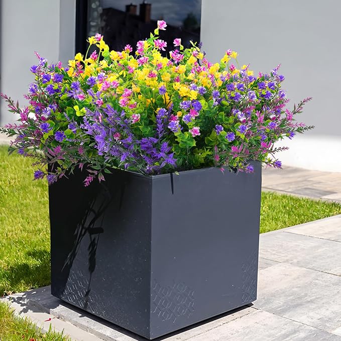Hananona 48 Pcs Artificial Flowers Outdoor, Faux Artificial Plants UV Resistant Plastic Flower Bulk for Hanging Planter Porch Window Home Spring Summer Decor (48, Fuchsia, Purple, Yellow, Green)