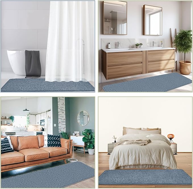Bathroom Runner Rug 24 x 60 Inch – Extra Large Long Bath Mat | Absorbent and Washable Thick Chenille Bath Rug Non-Slip Runner Rug for Bathroom Floor, Shower, Sink(Blue)