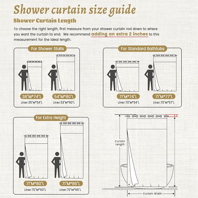 WONICY No Hook Shower Curtain with Snap-in Liner, Khaki, 71 x 74 Inch | Ringless, Waterproof & Washable, Hotel Style, Mesh Top Window, Bottom Magnets, Thick, Farmhouse, for Bathroom