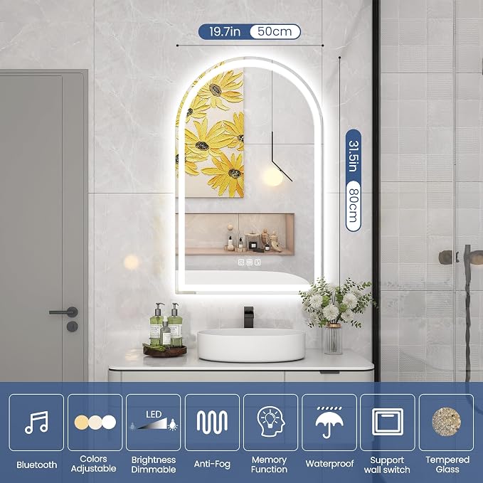 STARLEAD 32"x20" Arched LED Bathroom Mirror with Bluetooth Speaker, Dimmable Lighting, 3 Color Temperature, Anti-Fog, Touch Control Wall Mounted Vanity Mirror
