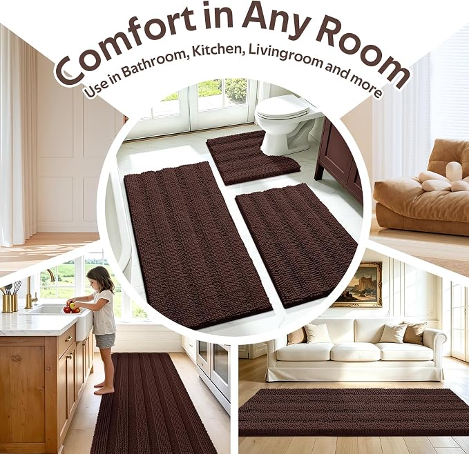 Striped Brown Bathroom Rug Set 3 Pieces Ultra Soft, Non Slip Chenille Toilet Mat, Absorbent Plush Shaggy Bath Mats for Bathroom, Bedroom, Kitchen