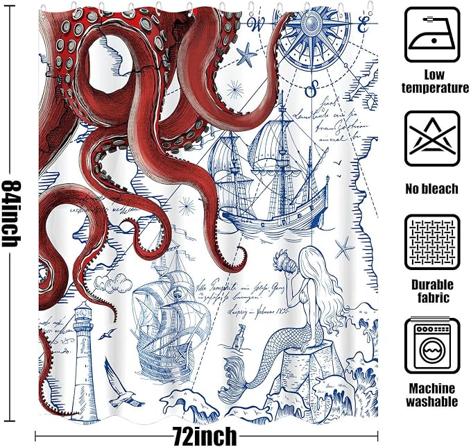Fungarth 84 Inch Extra Long Red Nautical Octopus Shower Curtain Navy Blue Mermaid Funny Ocean Kraken Shower Curtains for Bathroom Anchor Coastal Map Waterproof Fabric Bath Curtain (Red, 72” x 84”)