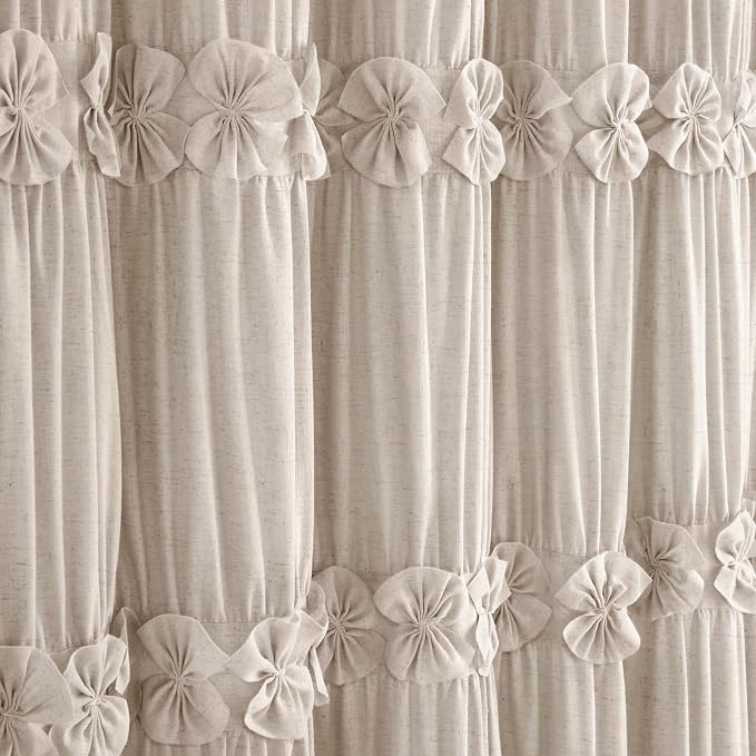 Ruffle Farmhouse Linen Shower Curtain with Vintage Bow Beige 72" W x 72" H | Linen Blend Fabric, Ruffle Bow and Ruffled Hem,Linen Texture,Machine Washable,12 Metal Holes and Plastic Hooks
