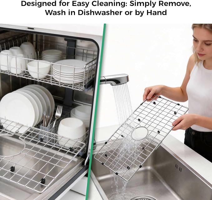 Stainless Steel Detachable Sink Grid (28-3/8" x 15-3/8" Center Drain) | 304 Stainless Steel, Anti-Rust, Sink Bottom Protector, Scratch Proof, Center Drain, Multi-Use Rack, Heavy Duty, Easy Clean