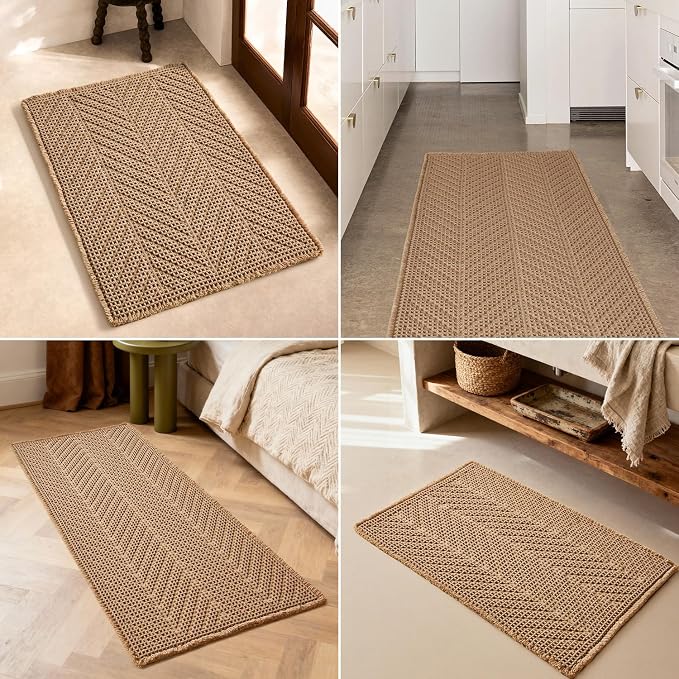 Sunfly Bathroom Runner Rug,Boho Herringbone Waffle Bath Mat Non-Slip Washable Super Absorbent Quick Dry, Farmhouse Bath Mat for Bathroom Floor Decor 24"x60" Khaki