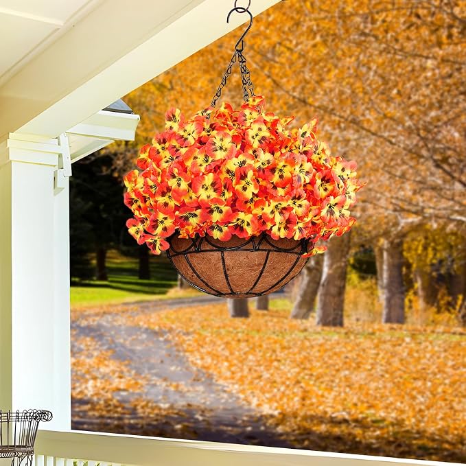 16PCS Artifcial Fall Flowers for Outdoors, No Fade Silk Pansies | Realistic Sunset Autumn Artificial Flowers, Porch Yard Fall Decor, Thanksgiving & Harvest Home Decorations