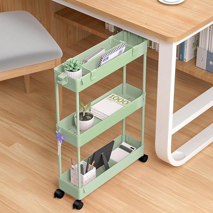 2-piece Set Slim Storage Cart 3 Tier,Bathroom Organizer Rolling Utility,Mobile Shelving Unit Slide Out for Office, Kitchen, Laundry Room & Narrow Places
