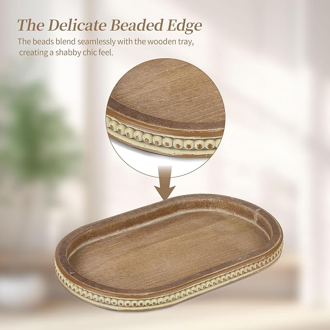 Hanobe 15" Vintage Wood Decorative Tray for Coffee Table Decor, Beaded Edge | Oval Shabby Chic Brown Finish, Farmhouse Table Centerpiece for Candle Plate, Kitchen Dining Living Room