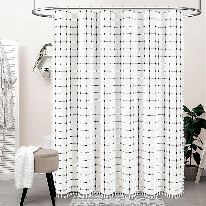 54x78 Boho Farmhouse Linen Heavy Duty Shower Curtain, White and Black | Narrow Long Size, 330GSM Linen Blend, 3-side Tassels, Waterproof Fabric, 10 Plastic Hooks, Rustic Bohemian, Machine Washable
