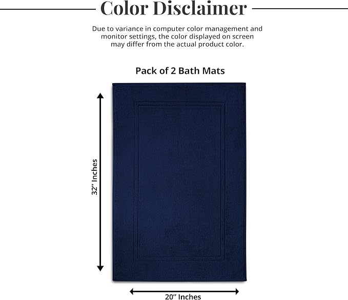 2 Piece Bath Mats 20 x 32 Inches, Navy | 100% Cotton Terry Bath Mats, Super Absorbent, Hotel Quality Premium Floor Towels, Luxurious, Soft & Quick Dry