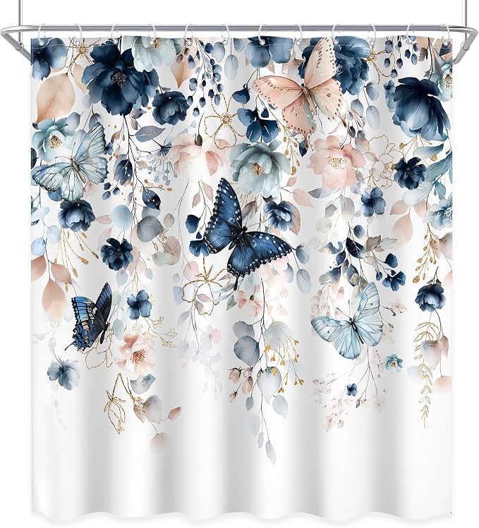 Extra Long Blue Pink Floral Butterfly Bathroom Shower Curtain Set | 72"W x 78"L Spring Summer style, clear shower print, fast-dry fabric and hooks for a simple bath update.