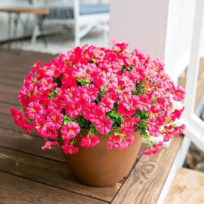 Artificial Flowers for Outdoors Fake Plants Outside Decoration, 12 Bundles Silk Hot Pink Morning Glory UV Resistant Look Real Faux Flowers for Planter Front Door Porch Patio Yard Gardens Home