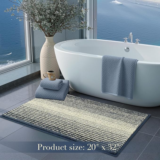 Bath Mat Rug for Bathroom, Non Slip 20 x 32 Inches, Water Absorbent Chenille, Machine Washable (Haze Blue)