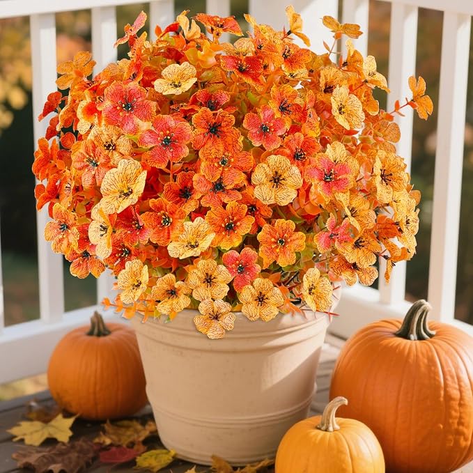 AGIRL Artificial Fall Flowers Fake Mums Outdoor,Faux Plant Porch Decor Home | 16 Bundles,No Fade Autumn Plastic Flowers for Thanksgiving Decoration,Hanging Planters Outside Pottery Barn Garden Patio