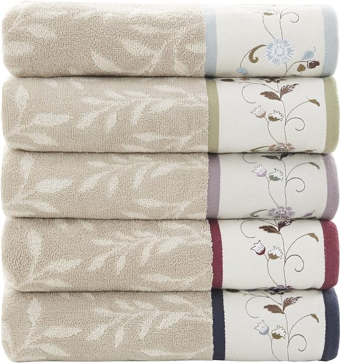 Madison Park Serene 100% Cotton Bath Towel Set Luxurious Floral Decorative Towels for Bathroom Embroidered Cotton Jacquard Design Soft Highly Absorbent for Shower 600 GSM, Multi-Sizes, Navy 6 Piece | Luxurious Floral Decorative Towels for Bathroom, Emb...