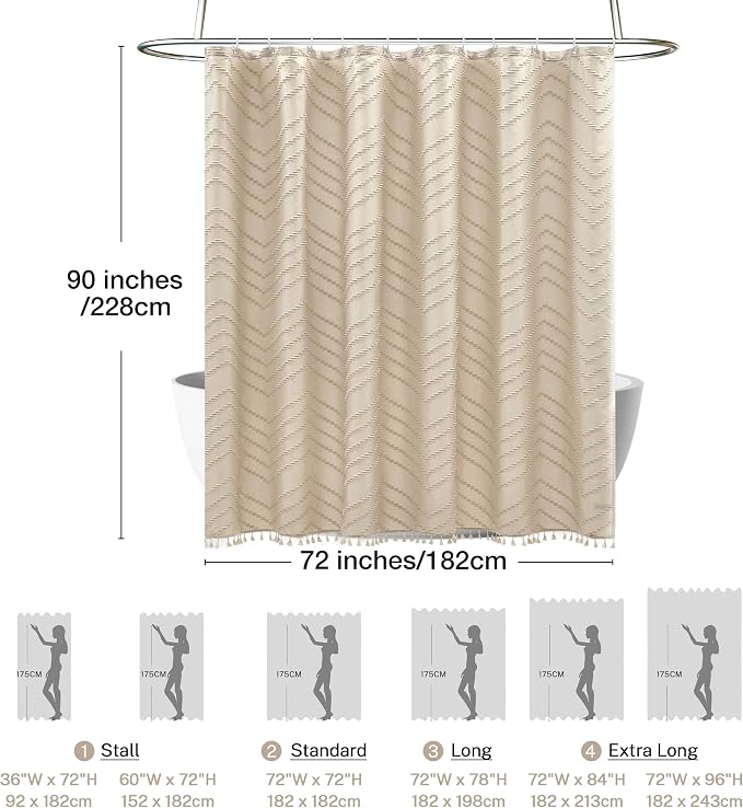Siiluminisoy Extra Long Beige Boho Shower Curtain with Tassel, Woven Fabric 90 in, Tufted Chevron Striped, 72 x 90, Modern Chic Textured Minimalist Bathroom