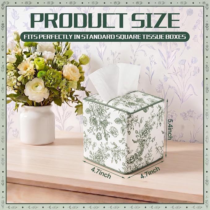 Green Fabric Tissue Box Cover Floral Print Cotton Tissue Box Decorative Square Napkin Holder Vintage Cottagecore Home Decor for Bathroom Bedroom Vanity Countertop Home Office Kitchen