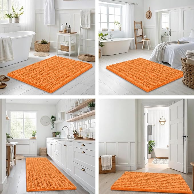 Smiry Bathroom Rugs 24X16, Extra Soft Rubber Backing Chenille Bath Mats | Orange Machine Washable Non Slip Quick Dry Bath Mats for Bathroom Floor, Tub, Shower, Home Decor Accessories