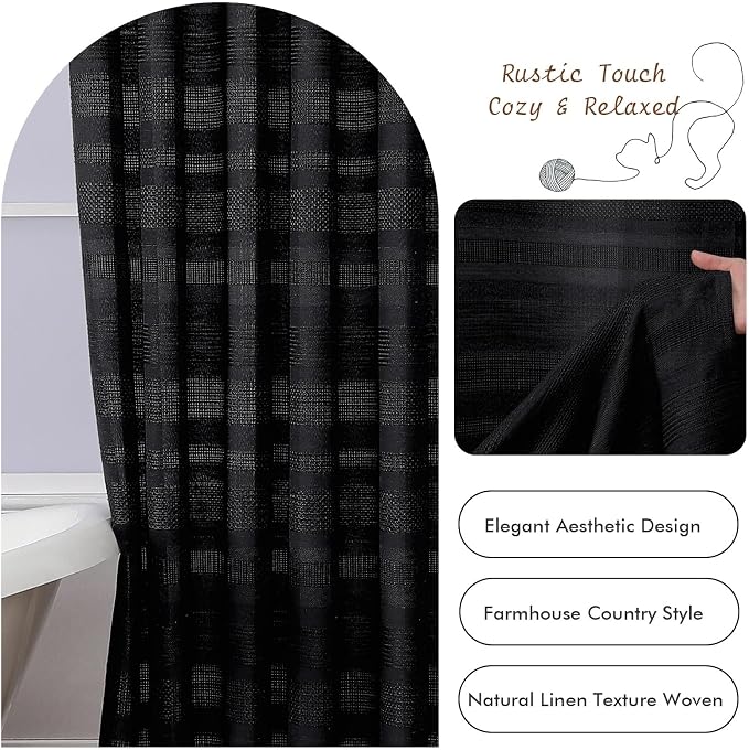 Black Shower Curtain 78 Inch Long, Boho Farmhouse Thick Linen Textured Fabric Shower Curtain with Tassel, Minimalist Striped Weighted Machine Washable Bathroom Decor, 72Wx78L Inches