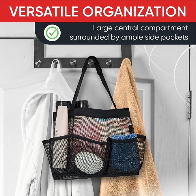 Masirs Shower Caddy Mesh - 9 Pocket Portable Bathroom Organizer Tote for Travel, Gym & Dorm - Collapsible Small Shower Caddy Bag to Hold Toiletries & Essentials (Black)