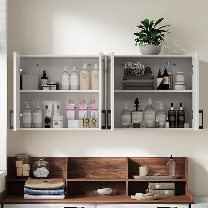 ChooChoo Laundry Room Cabinets, 4 Doors Wall Mounted Storage Cabinet | Kitchen Wall Storage, Bathroom Wall Cabinet, White