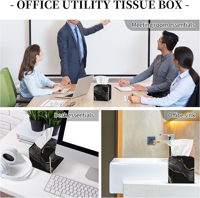 Black Gold Marble Tissue Box Cover Square, Abstract Marble Texture Tissue Box Holder Waterproof Leather Facial Paper Organizer Dispenser for Bathroom Home Car Nightstand Vanity Desk