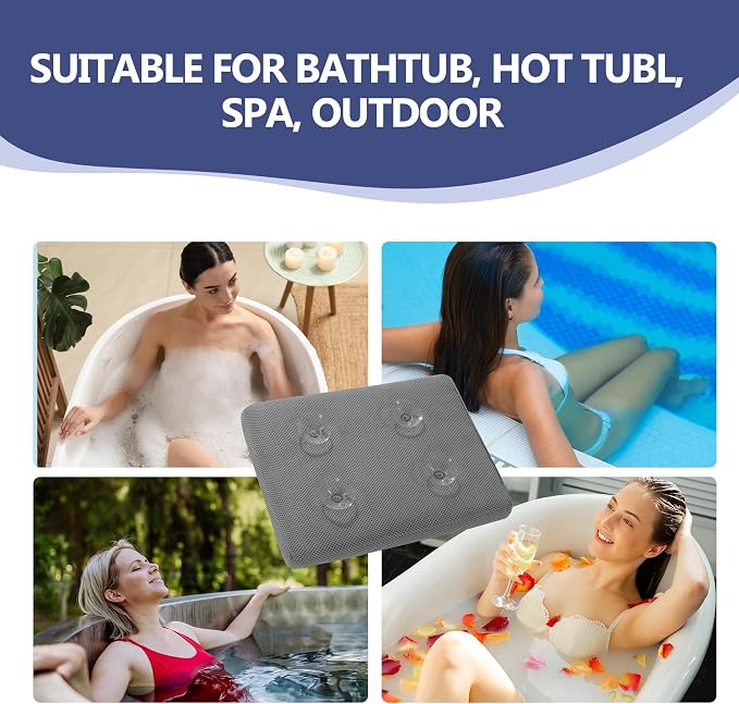 Bath Cushion for Tub with Powerful 4 Non-Slip Suction Cups,Quick Dry Mesh Bathtub Mat,Spa Pillow Bath Accessories for Adults Indoor Outdoor (Gray)