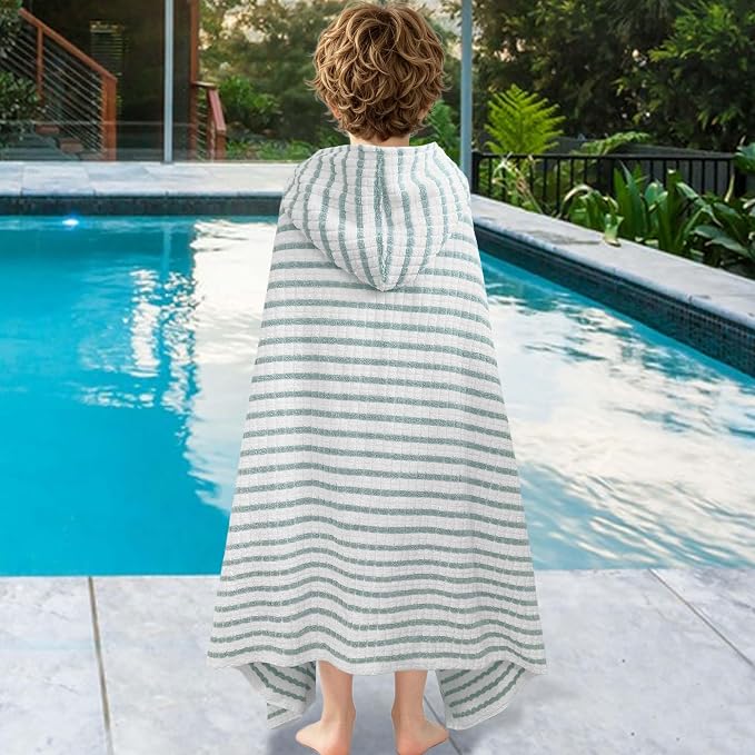 VOOVA & MOVAS Kids Bath Towel, 6-10 Years, 100% Cotton,White Green Stripe | Soft Horizontal Striped Print, Fluffy Thick Cotton, Suitable for Pool, Swim and Daily Bath
