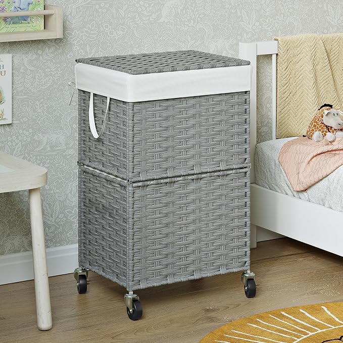 Chrislley Wicker Laundry Basket with Wheels,Rolling Laundry Hamper with Lid | 90L Slim Clothes Hamper with Wheels & Removable Liner Bag, Handwoven Rattan Laundry Organizer for Bedroom, Bathroom, Grey