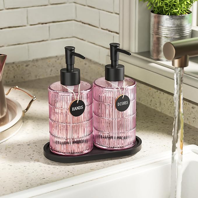 MASADI Soap Dispenser Set with Bamboo Tray, Dish and Hand Soap Lotion Dispenser Set with Wooden Pump for Kitchen and Bathroom Decor for Counter, Modern Vintage Liquid Soap Dispensers (Pink&Black)