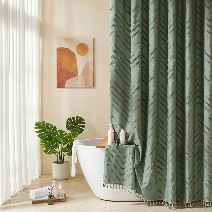 Siiluminisoy Boho Extra Long Sage Green Shower Curtain with Tassel, Woven Fabric, Tufted Chevron Striped, 72 x 78, Modern Chic Textured Minimalist