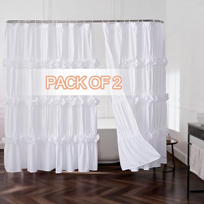 Fabric Shower Curtain 2 Pack, 72" W x 96" L x 2 Panels | Double Panels for Easy Access, Soft Brushed Texture, Elegant Ruffle Design, Hotel-Style Bathroom Décor, White (LQ-44)