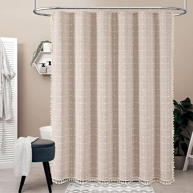 108x72 Boho Farmhouse Linen Heavy Duty Shower Curtain Set, Tan/Taupe | Extra Wide Size, 330GSM Linen Blend, 3-side Tassels, Waterproof Fabric, 18 Plastic Hooks, Rustic Bohemian, Machine Washable