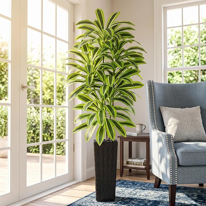Artificial Yellow Dracaena Tree Indoor, 7FT Tall Fake Floor Plants with Black Planter & Pebbles, Faux Silk Yucca Tree for Home Office Living Room Bedroom Farmhouse Modern Outdoor Topiary Tree