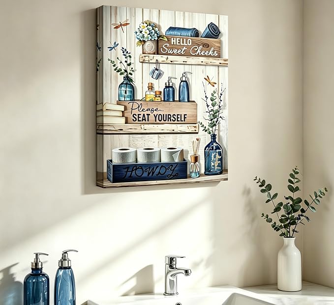XcwDt is Hello Sweet Cheeks Blue Bathroom Canvas Wall Art,Eucalyptus Dragonflies Wall Decor,Rustic Farmhouse Signs Painting Print,for Toilet Restroom Laundry Rooms Decoration 12 X 16 In