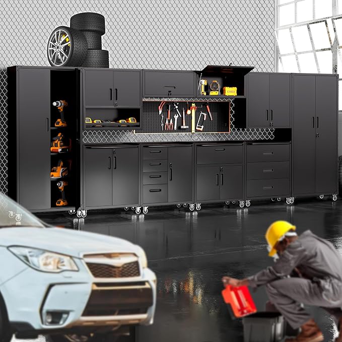 Garage Storage Cabinet System,Wall Cabinet & Locking Rolling Tool Cabinet with Doors and Adjustable Shelves