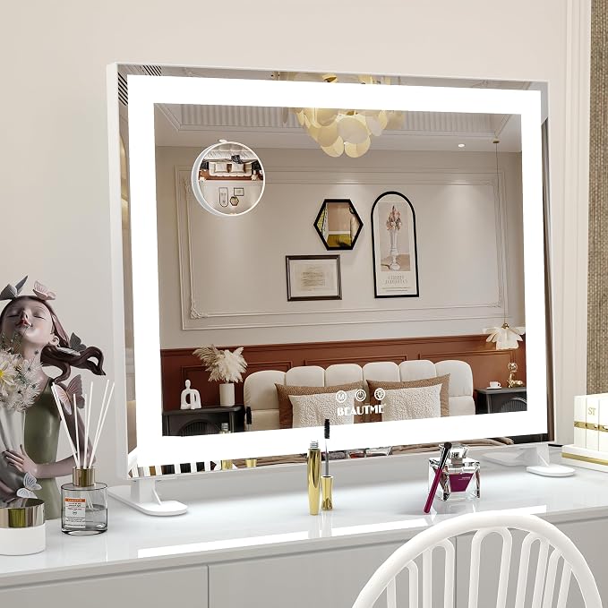 Vanity Mirror With LED Lights - Tabletop Hollywood Makeup Mirror for Bedroom - Aluminium Frame, 48.540.5cm, White