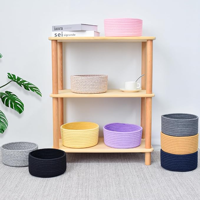 ABenkle Small Woven Basket, Empty Tiny Shallow Storage Basket, Mini Cotton Rope Baskets, Round Decorative Hamper, Basket Storage Bins for Toys, Spa, Socks, Nursery, Living Room