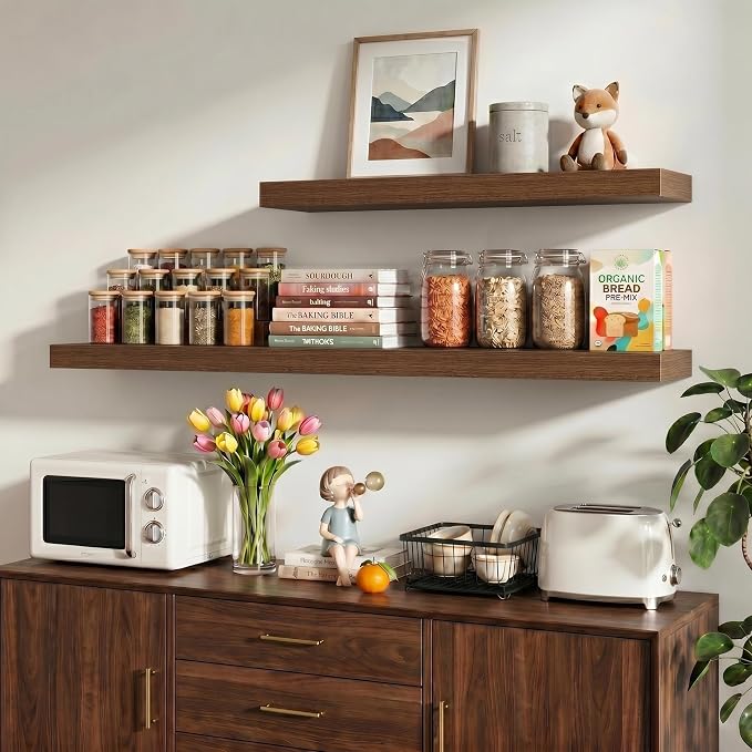 Vivelove 16 Inch Floating Shelves Wall Mounted for Display, 6.5 Deep Duty Shelves with Invisible Brackets for Living Room,Bedroom,Kitchen, Bathroom Storage & Decor,16" Wx6.5 Dx1.4 H - Walnut