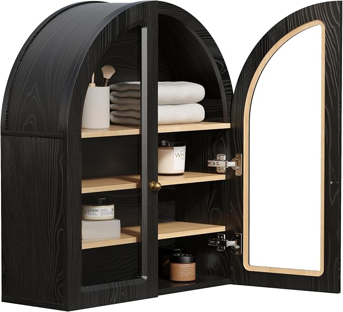 Arched Wall Cabinet, Large Bathroom Medicine Cabinet Wall Mounted Cupboard, Modern Floating Storage Cabinet with Acrylic Door Adjustable Shelf, Wood Organizer (Black-Oak)