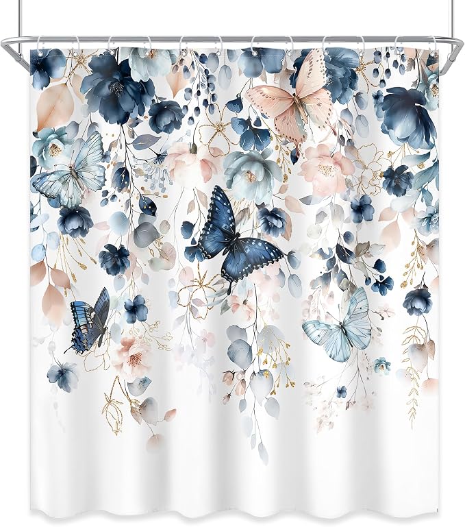 Blue Pink Floral Butterfly Spring Summer Bathroom Shower Curtain Set | 60"W x 72"L Plant Natural look, waterproof HD printed shower curtain, quick-dry fabric and free hooks.