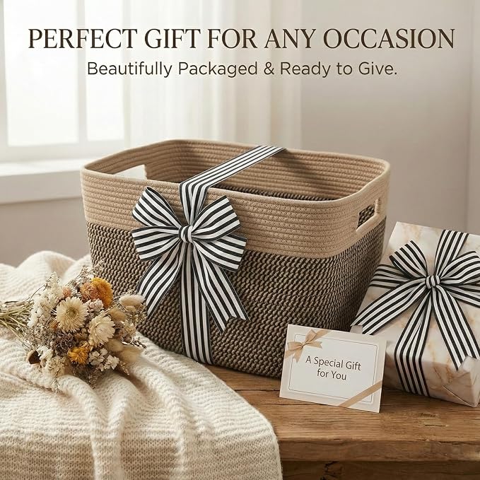 JMvicyroam 65L Large Woven Cotton Rope Blanket Basket, Jute&Black | Blanket storage for living room or bedroom use, Freestanding with reinforced handles, Entire basket is machine washable