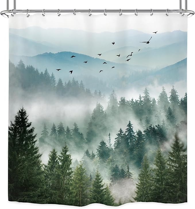 Green Mountain Shower Curtain Rustic Rainforest Nature Mens Shower curtain | Woodland Tree Waterproof Fabric Shower Curtain Bathroom Decor 12 Pack Hooks 72Wx72H Inch