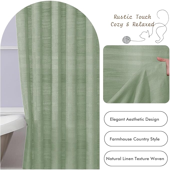 Light Green Shower Curtain 78 Inch Long, Boho Thick Linen Textured Shower Curtain with Tassel, Farmhouse Minimalist Striped Weighted Machine Washable Bathroom Decor, 72Wx78L Inches